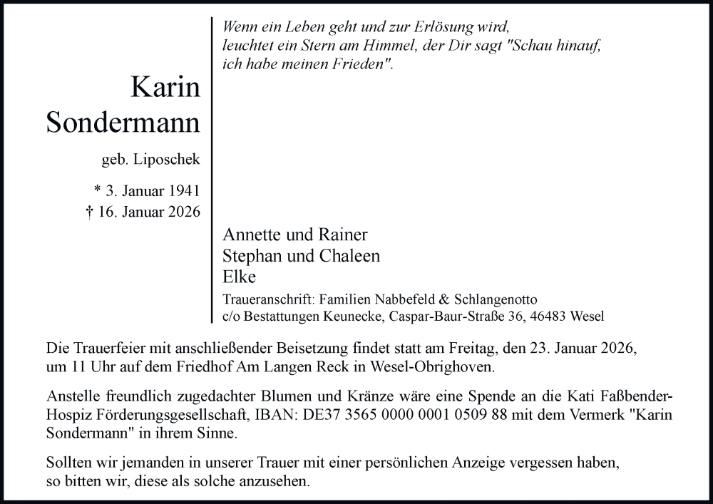  Traueranzeige für Karin Sondermann vom 21.01.2026 aus Tageszeitung