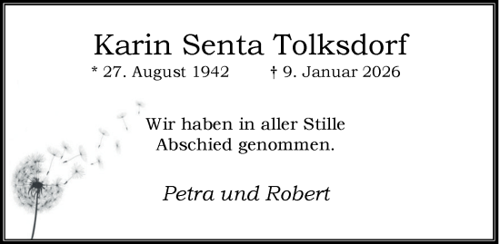 Traueranzeige von Karin Senta Tolksdorf von Tageszeitung