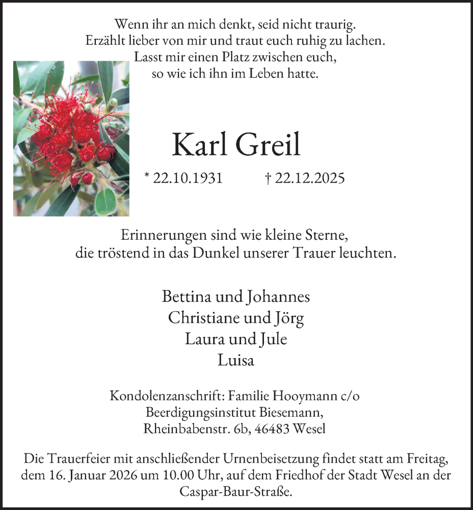  Traueranzeige für Karl Greil vom 10.01.2026 aus Tageszeitung