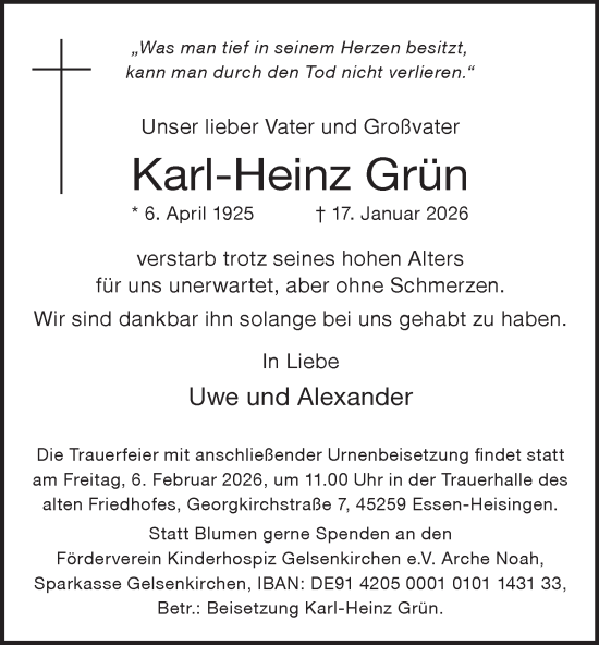 Traueranzeige von Karl-Heinz Grün von Tageszeitung