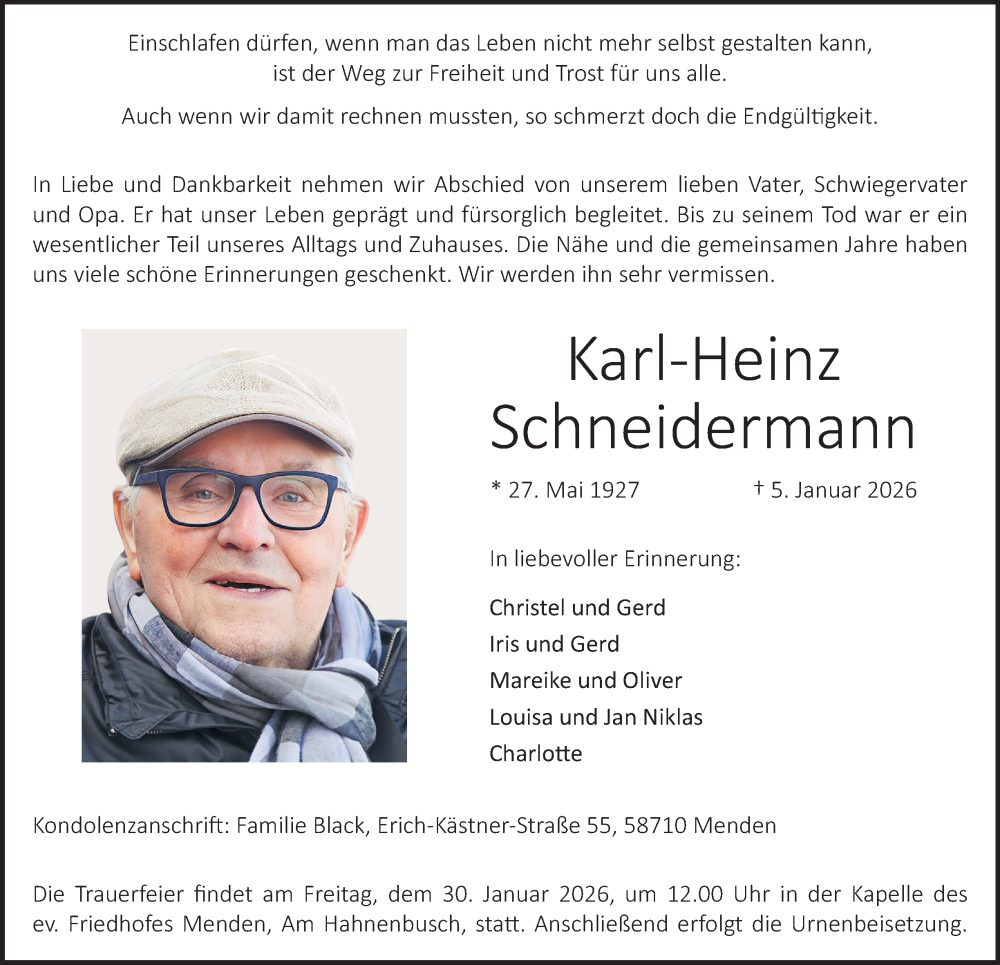  Traueranzeige für Karl-Heinz Schneidermann vom 24.01.2026 aus Tageszeitung