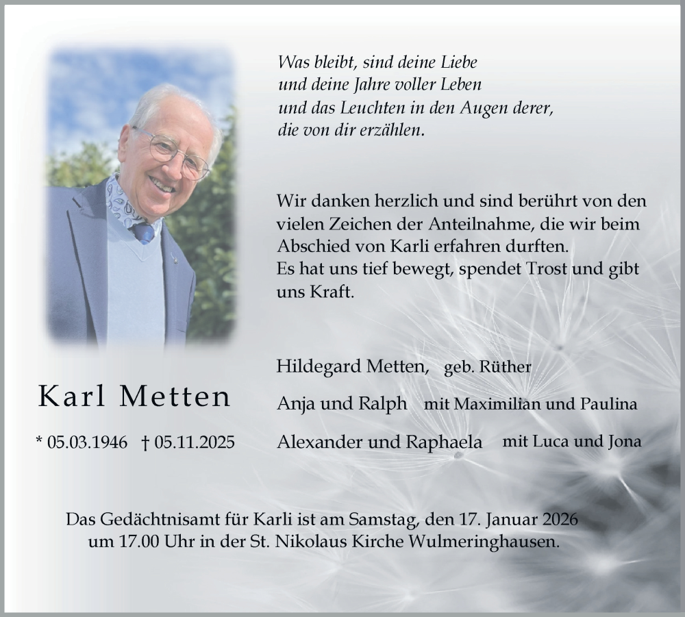  Traueranzeige für Karl Metten vom 10.01.2026 aus Tageszeitung