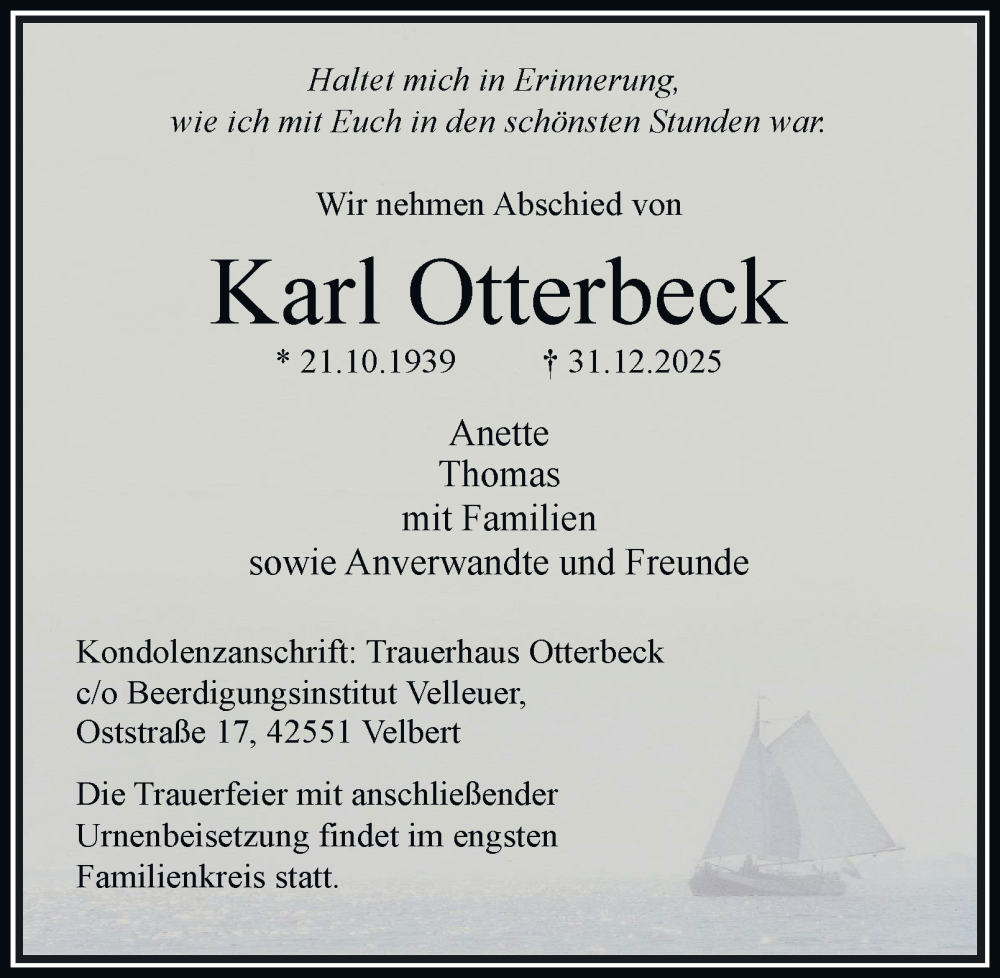  Traueranzeige für Karl Otterbeck vom 17.01.2026 aus Tageszeitung