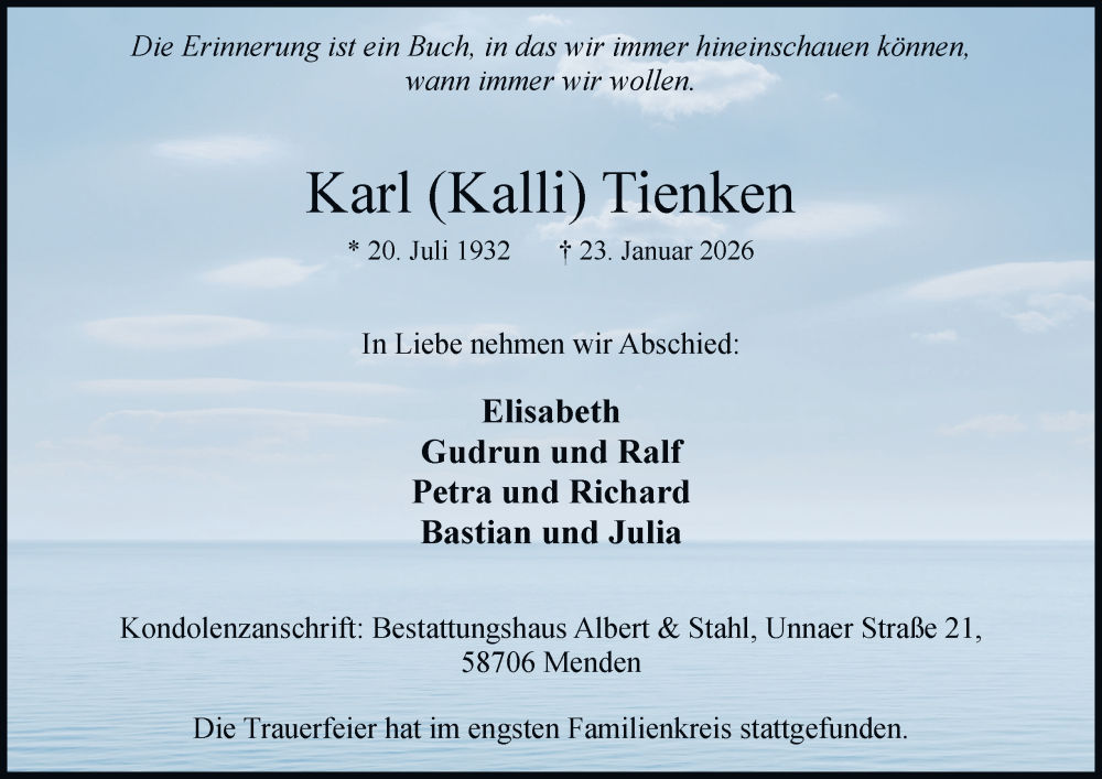  Traueranzeige für Karl Tienken vom 31.01.2026 aus Tageszeitung