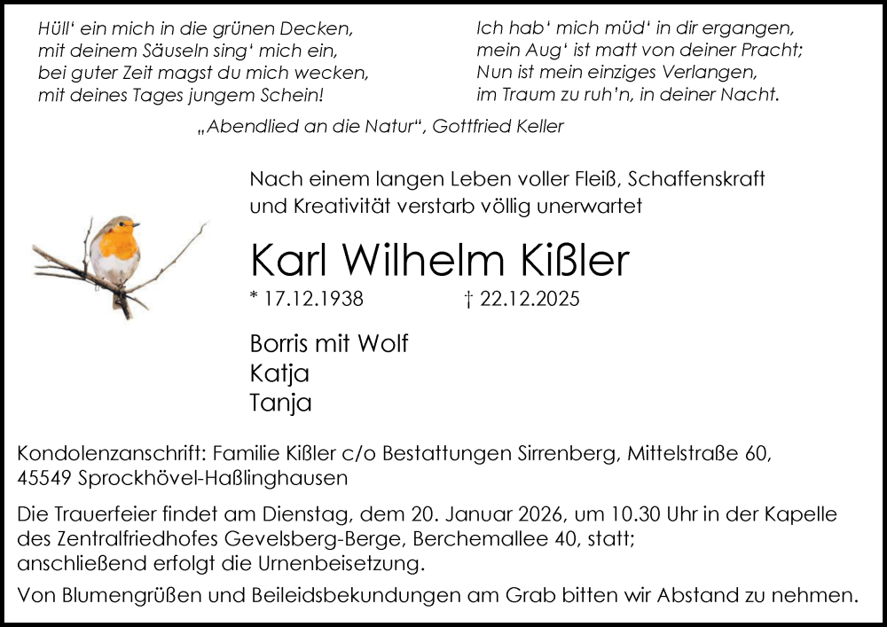  Traueranzeige für Karl Wilhelm Kißler vom 17.01.2026 aus Tageszeitung