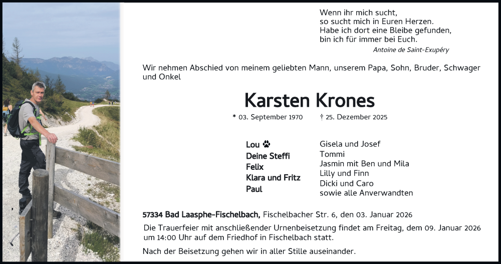  Traueranzeige für Karsten Krones vom 02.01.2026 aus Tageszeitung