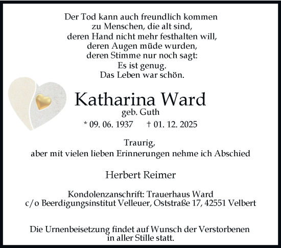 Traueranzeige von Katharina Ward von Tageszeitung