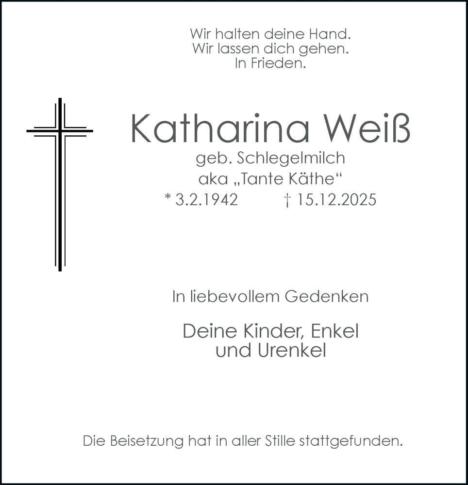  Traueranzeige für Katharina Weiß vom 03.01.2026 aus Tageszeitung