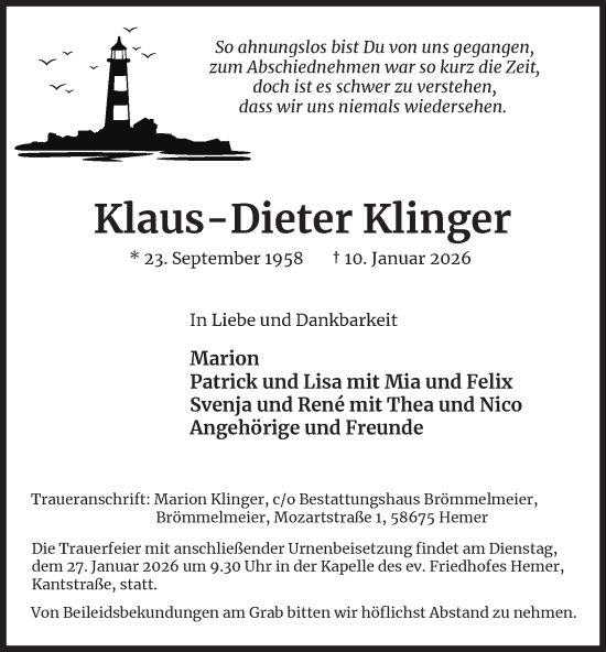 Traueranzeige von Klaus-Dieter Klinger von Tageszeitung