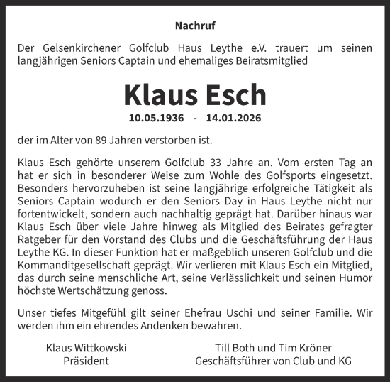 Traueranzeige von Klaus Esch von Tageszeitung