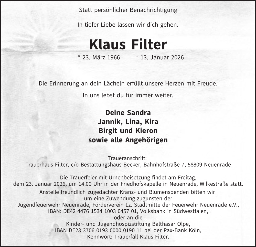  Traueranzeige für Klaus Filter vom 17.01.2026 aus Tageszeitung
