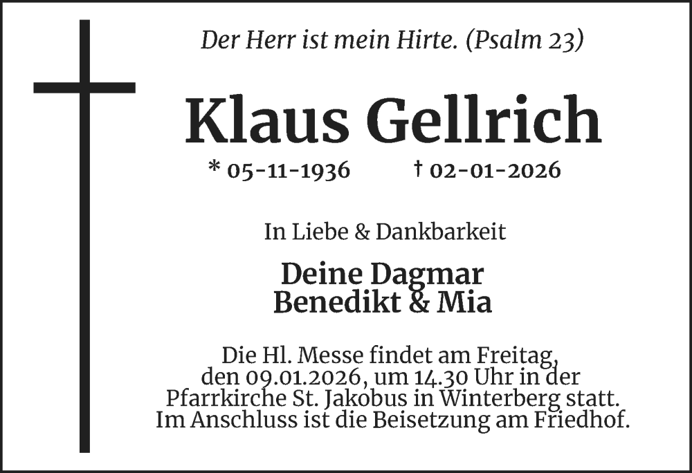  Traueranzeige für Klaus Gellrich vom 07.01.2026 aus Tageszeitung