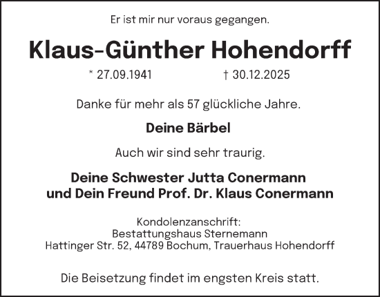 Traueranzeige von Klaus-Günther Hohendorff von Tageszeitung