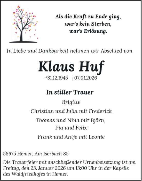 Traueranzeige von Klaus Huf von Tageszeitung