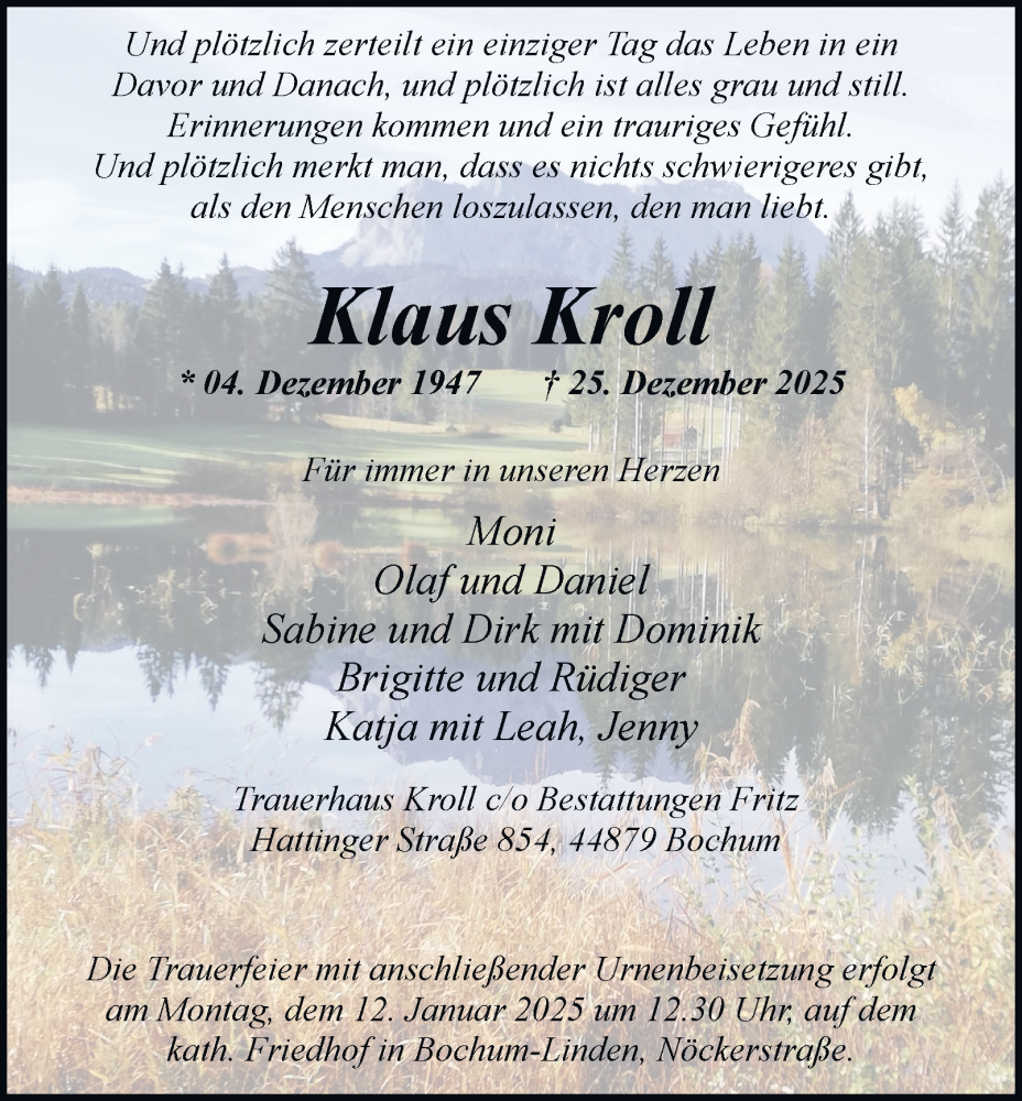  Traueranzeige für Klaus Kroll vom 10.01.2026 aus Tageszeitung