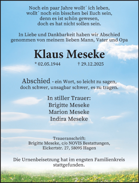 Traueranzeige von Klaus Meseke von Tageszeitung