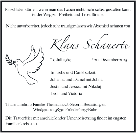 Traueranzeige von Klaus Schauerte von Tageszeitung