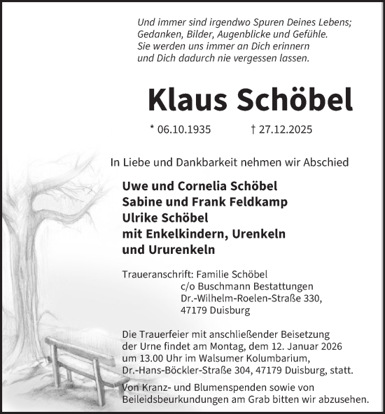 Traueranzeige von Klaus Schöbel von Tageszeitung