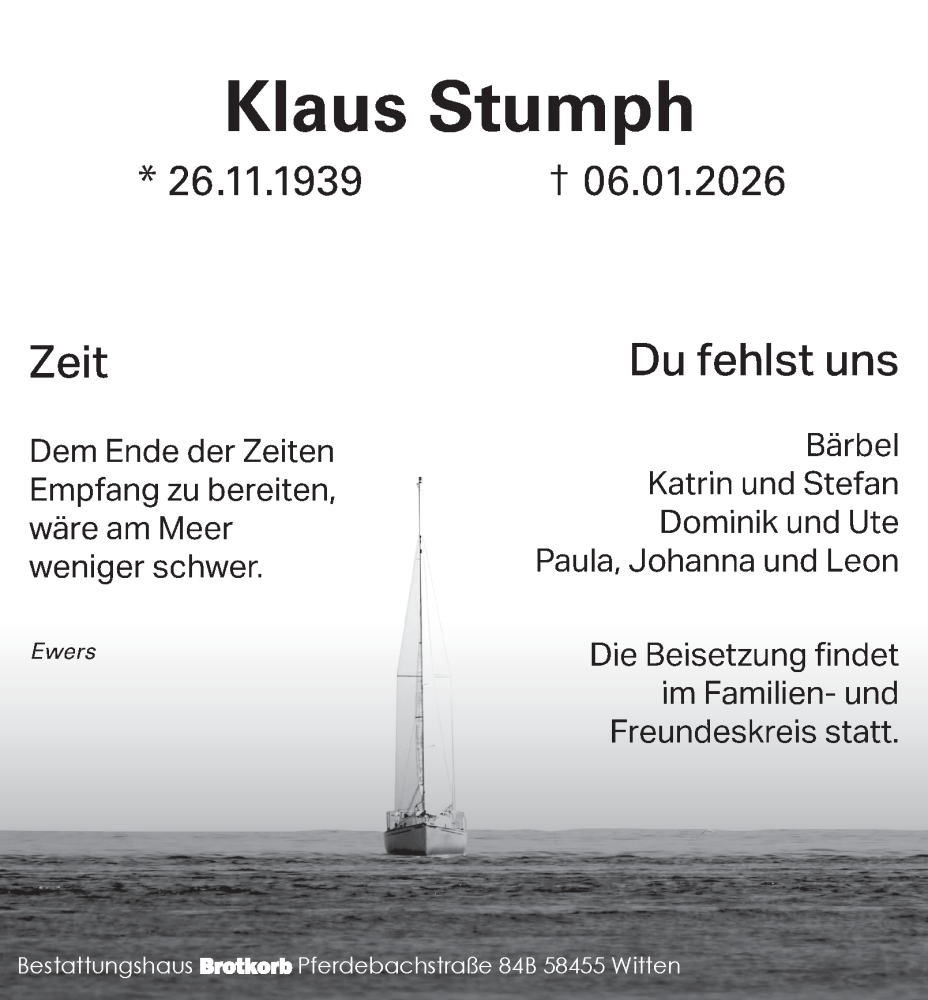  Traueranzeige für Klaus Stumph vom 17.01.2026 aus Tageszeitung