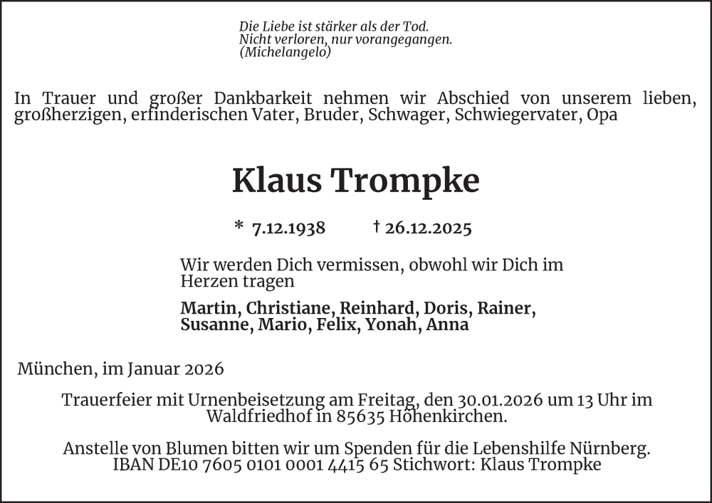  Traueranzeige für Klaus Trompke vom 17.01.2026 aus Tageszeitung