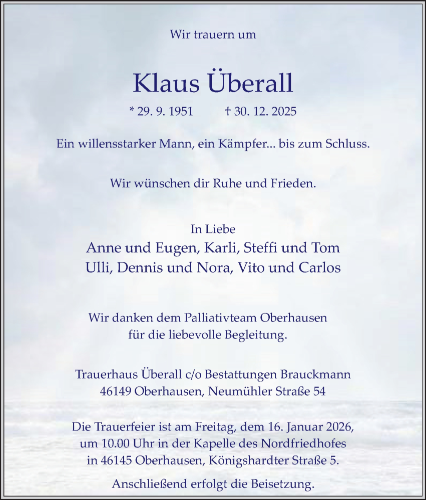  Traueranzeige für Klaus Überall vom 10.01.2026 aus Tageszeitung