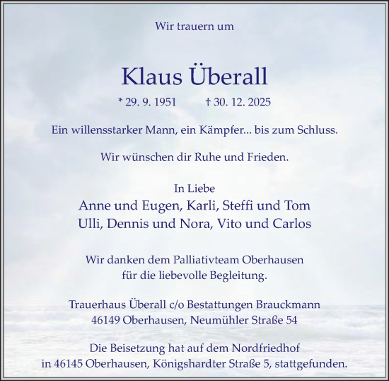 Traueranzeige von Klaus Überall von Tageszeitung