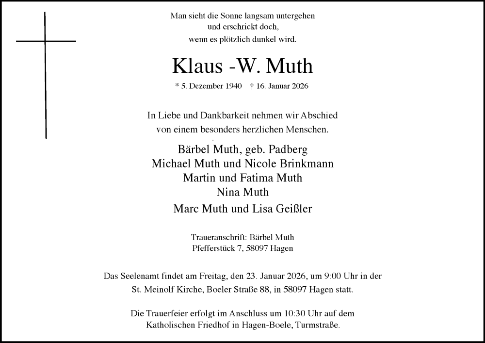  Traueranzeige für Klaus-W. Muth vom 21.01.2026 aus Tageszeitung