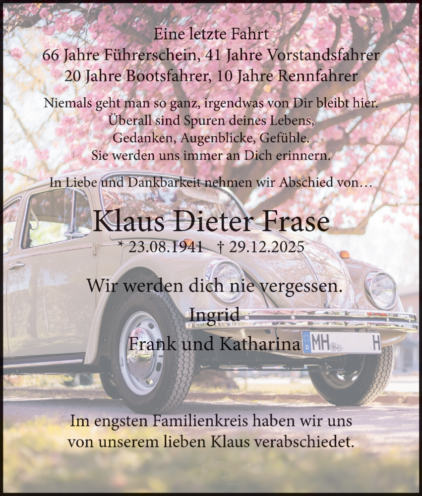  Traueranzeige für Klaus Dieter Frase vom 17.01.2026 aus Tageszeitung