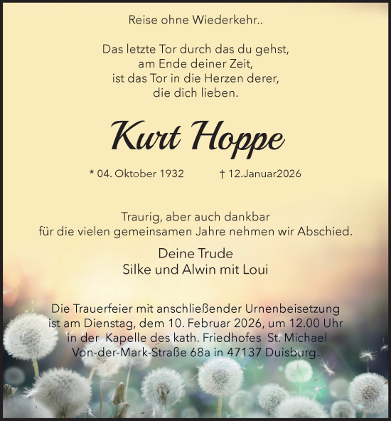 Traueranzeige von Kurt Hoppe von Tageszeitung