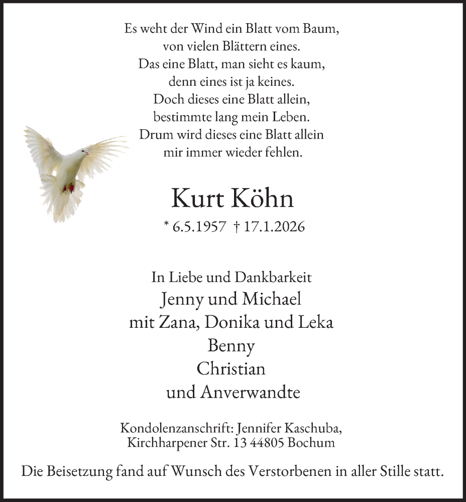  Traueranzeige für Kurt Köhn vom 31.01.2026 aus Tageszeitung
