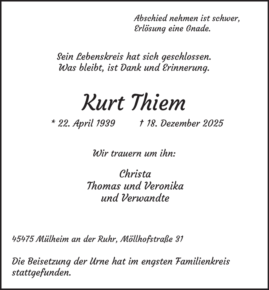  Traueranzeige für Kurt Thiem vom 17.01.2026 aus Tageszeitung