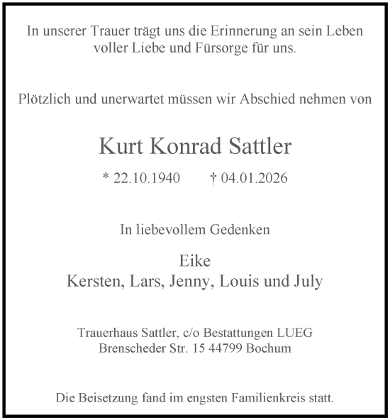 Traueranzeige von Kurt Konrad Sattler von Tageszeitung