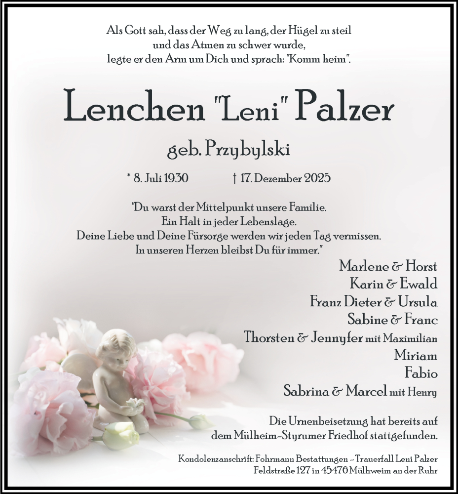  Traueranzeige für Lenchen Palzer vom 10.01.2026 aus Tageszeitung