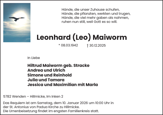 Traueranzeige von Leonhard Maiworm von Tageszeitung