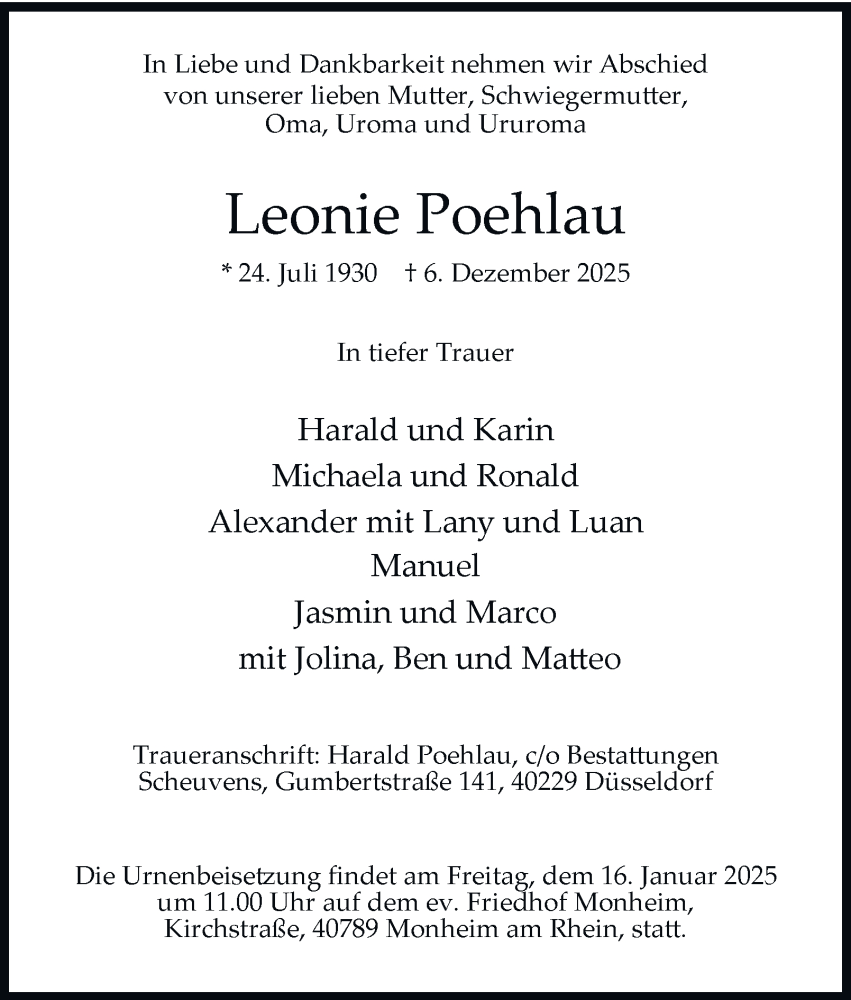  Traueranzeige für Leonie Poehlau vom 10.01.2026 aus Tageszeitung