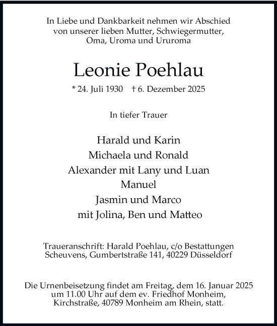 Traueranzeige von Leonie Poehlau von Tageszeitung