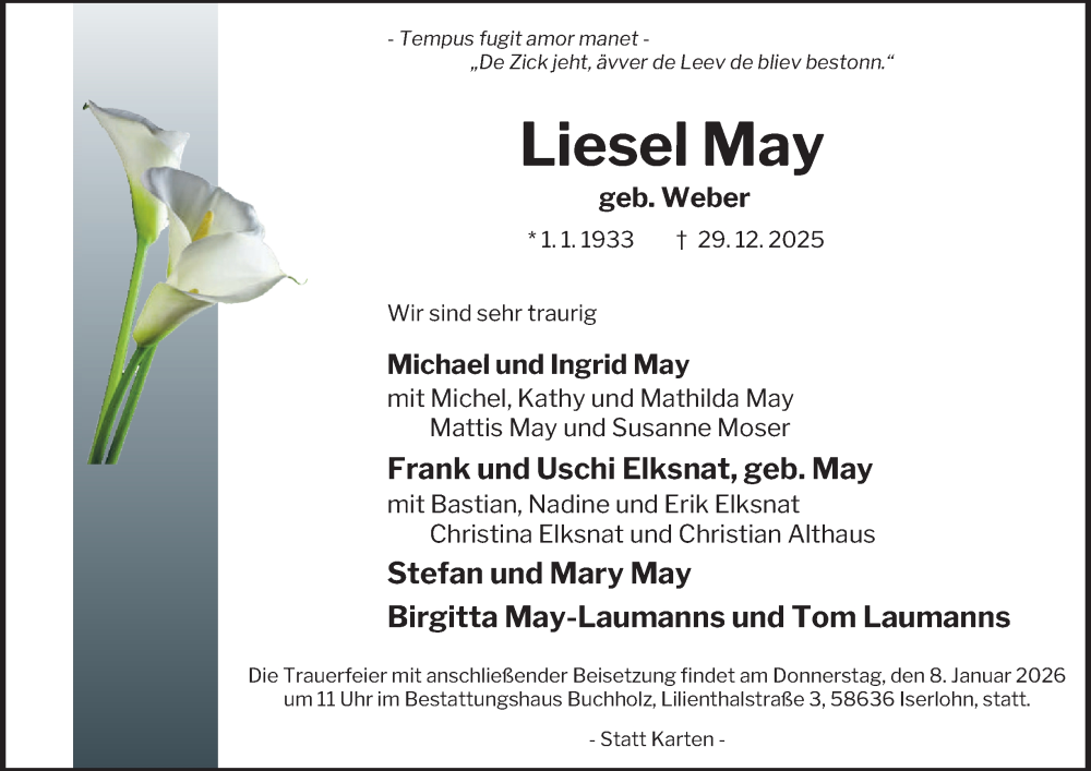  Traueranzeige für Liesel May vom 08.01.2026 aus Tageszeitung