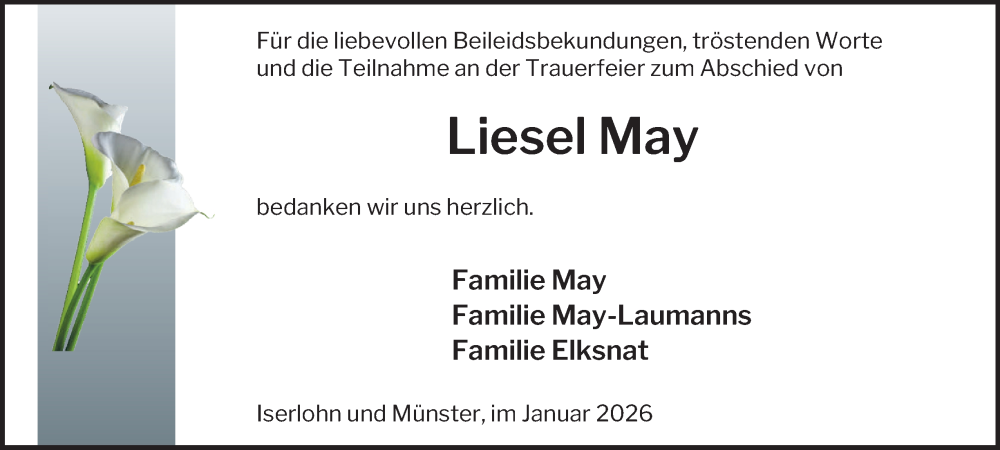  Traueranzeige für Liesel May vom 31.01.2026 aus Tageszeitung