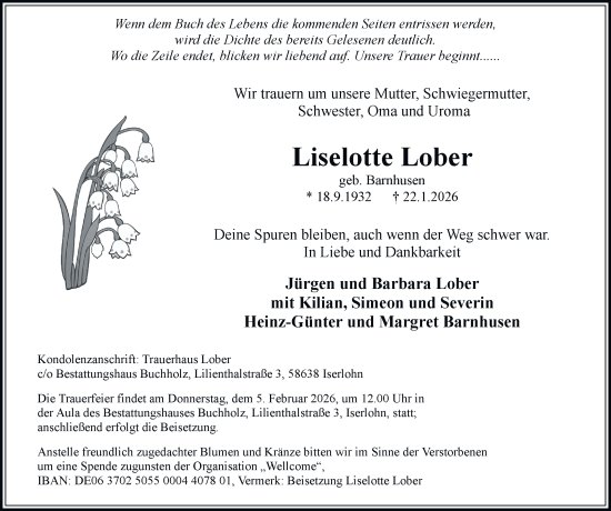 Traueranzeige von Liselotte Lober von Tageszeitung