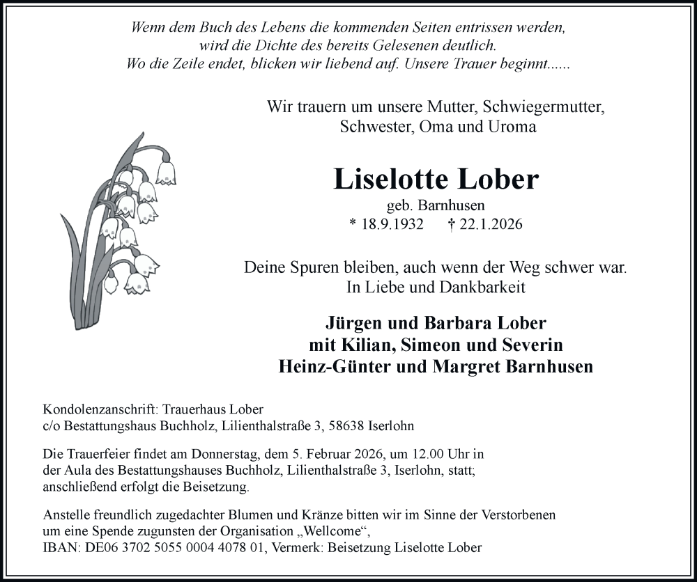  Traueranzeige für Liselotte Lober vom 31.01.2026 aus Tageszeitung