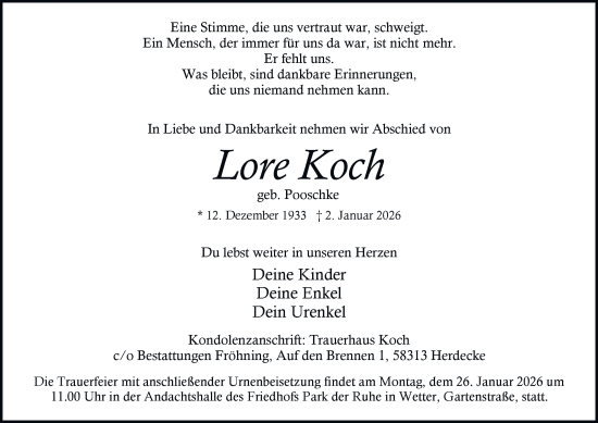 Traueranzeige von Lore Koch von Tageszeitung