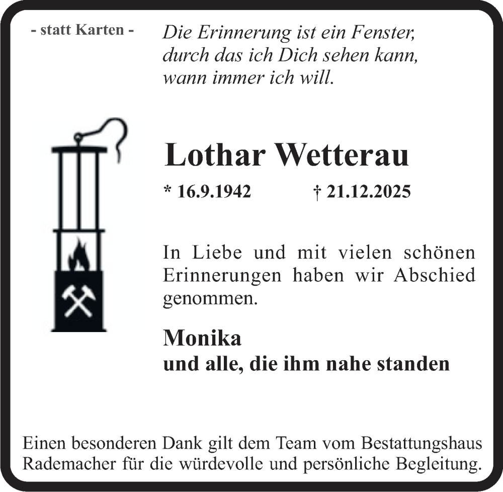  Traueranzeige für Lothar Wetterau vom 24.01.2026 aus Tageszeitung