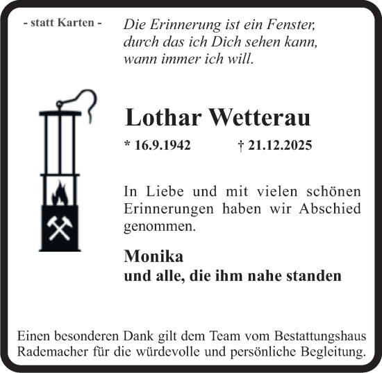Traueranzeige von Lothar Wetterau von Tageszeitung