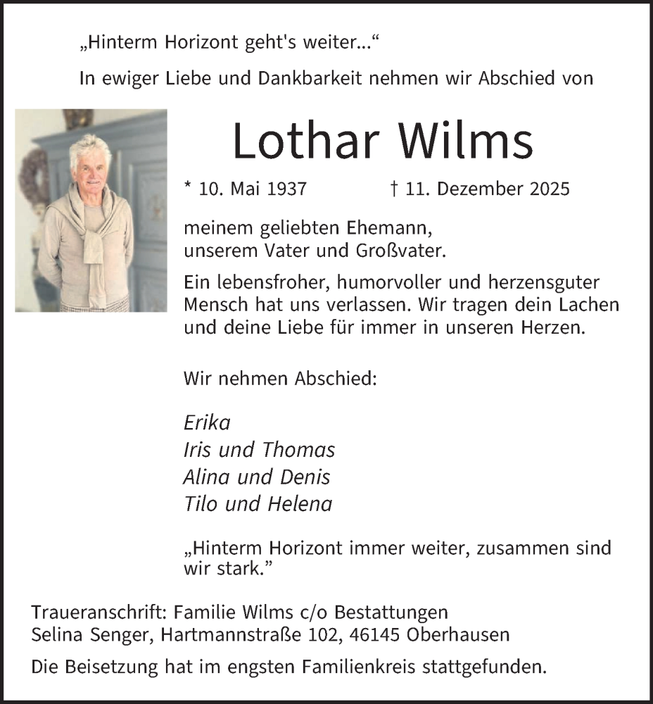  Traueranzeige für Lothar Wilms vom 10.01.2026 aus Tageszeitung