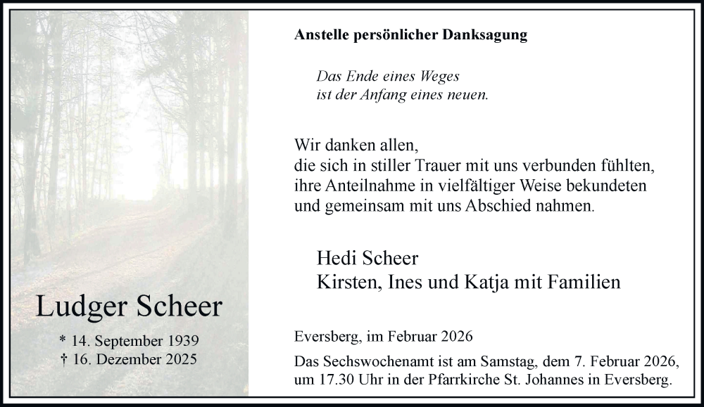  Traueranzeige für Ludger Scheer vom 31.01.2026 aus Tageszeitung