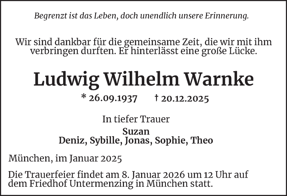  Traueranzeige für Ludwig Wilhelm Warnke vom 07.01.2026 aus Tageszeitung