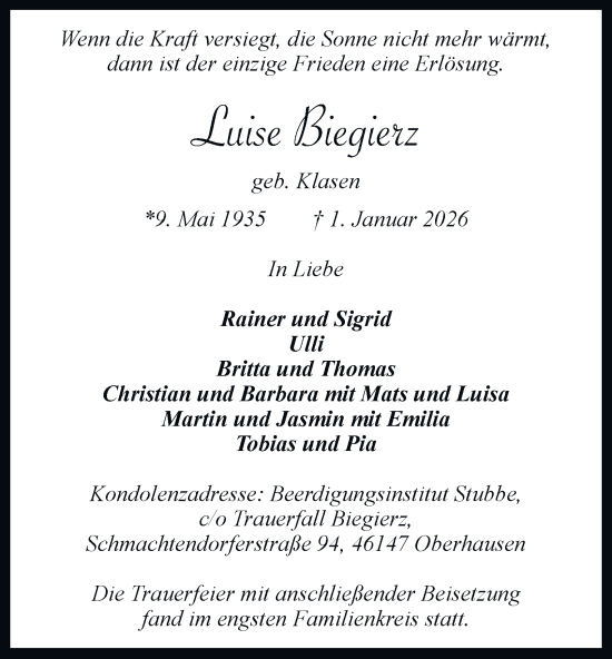 Traueranzeige von Luise Biegierz von Tageszeitung