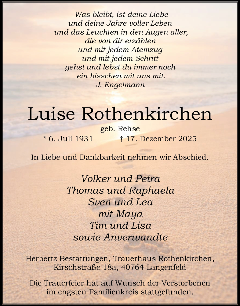  Traueranzeige für Luise Rothenkirchen vom 10.01.2026 aus Tageszeitung