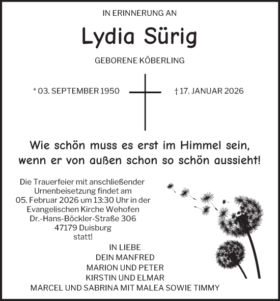 Traueranzeige von Lydia Sürig von Tageszeitung
