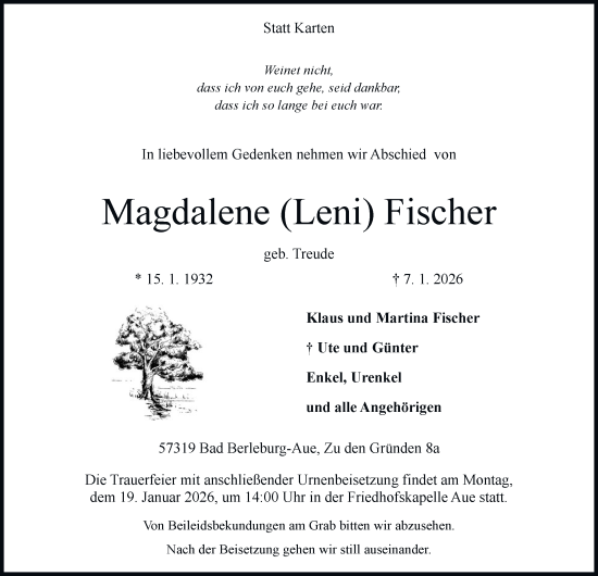 Traueranzeige von Magdalene Fischer von Tageszeitung